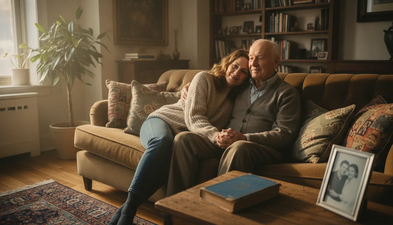An adult daughter and her elderly father sitting close together on a couch in a cozy New York City living room, a well-worn book and a framed photo on the side table, in soft morning light.